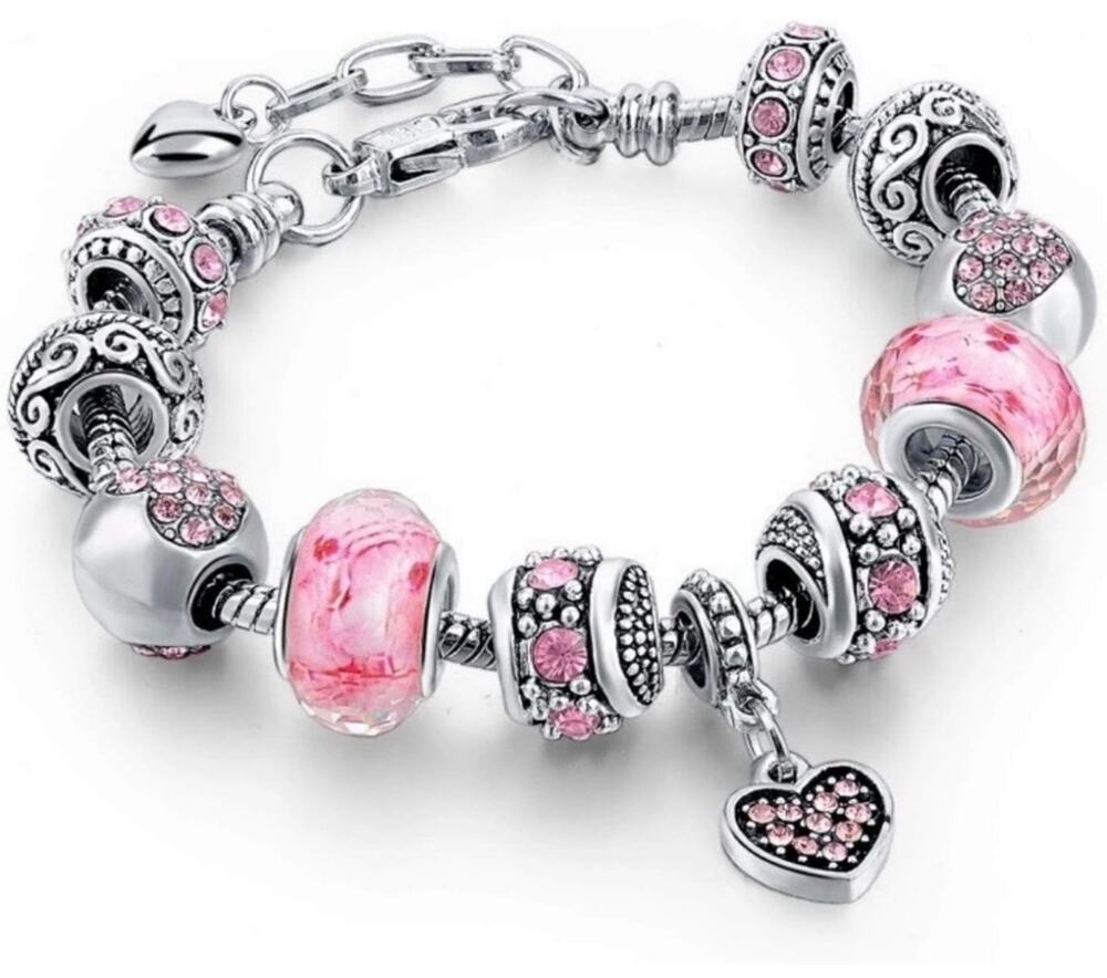 Capital Charms Pink Hearts Silver-Plated Charm Bracelet